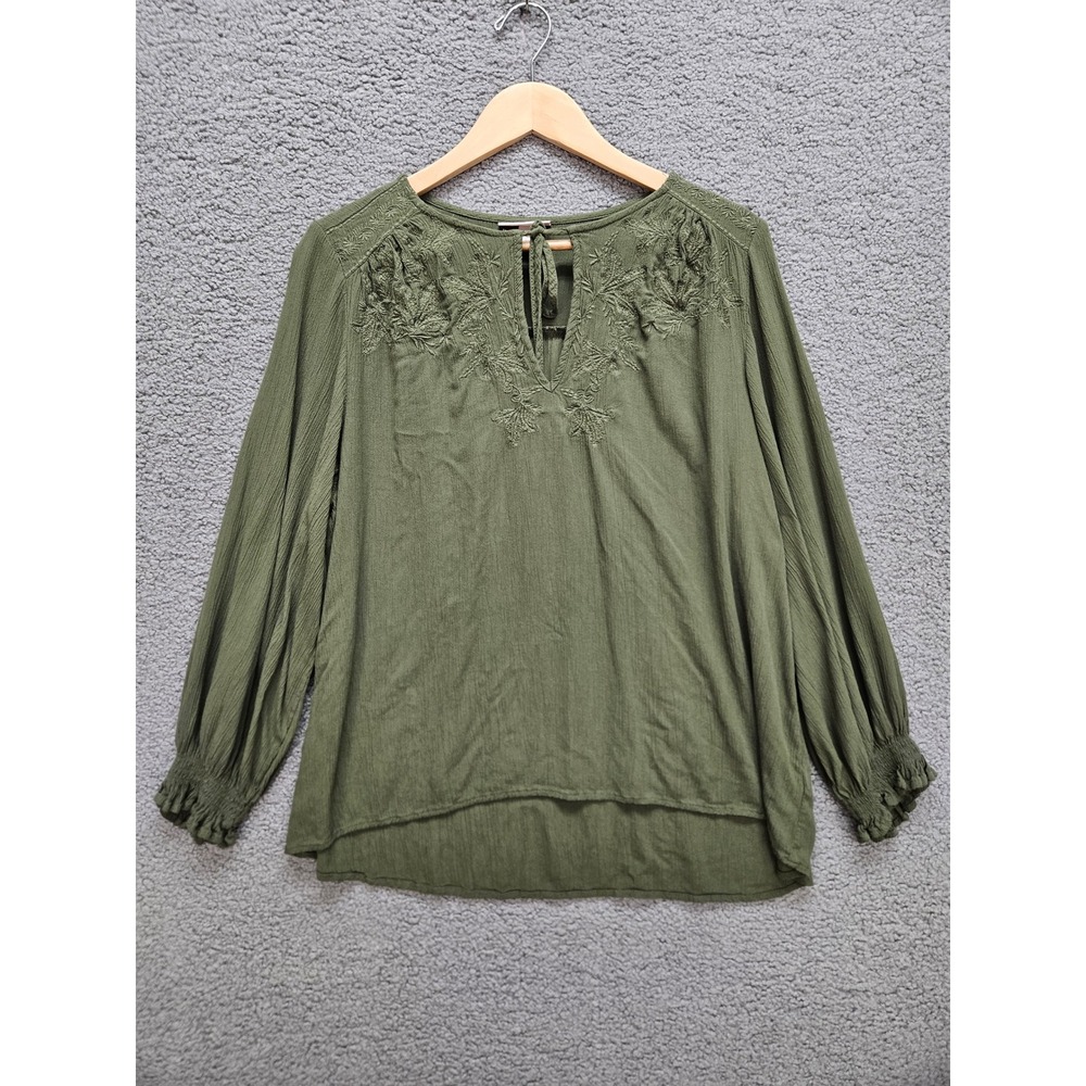 Knox Rose Blouse Large Olive Green Boho Embroidered Peasant Top Long Sleeve
